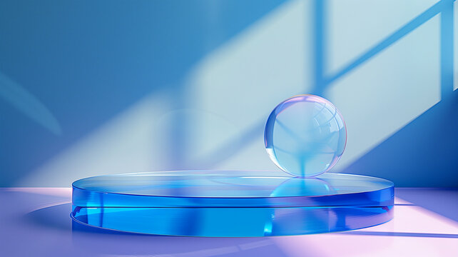 Round podium with crystal bubbles on purple background - Powered by Adobe