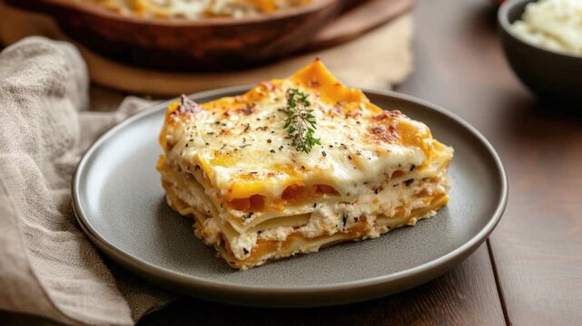 Zooming in on Butternut Squash Lasagna on a Wooden Table