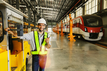 Male worker wearing safety suit during work driving yellow locomotive for towing  standing reporting with walkie talkie in building electric train station electric tram transportation system.
