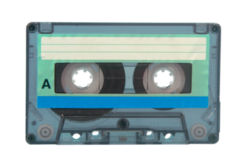 old transparent plastic music cassette on a blue surface