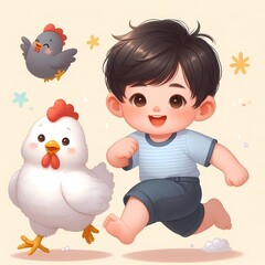 cute baby running joyfully with a chicken by their side