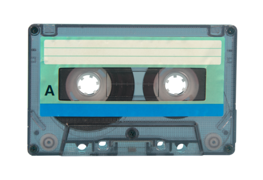 old transparent plastic music cassette on a blue surface
