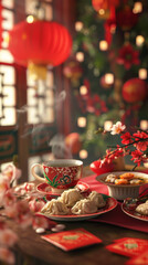 Lunar New Year Table with Tea and Dumplings