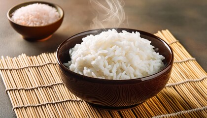 Steamed rice in bowl freshly cooked and ready to serve, simplicity and deliciousness of this staple food, perfect for any meal and enjoyed in various cuisine, Staple food, source of carbohydrate. 