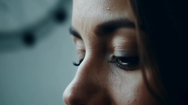 A woman in her thirties with almondshaped brown eyes looking off to the side with a look of sadness in her gaze. She has a tired appearance and dark circles under her eyes. The