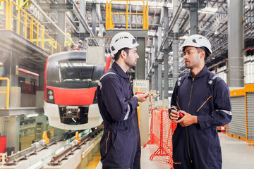 Railway engineer two male workers wearing hard hats and tight fitting uniforms work as electric train technicians standing for consultation and planning in the electric train system station.