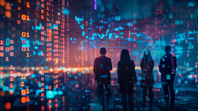 Group of business people standing in front of abstract digital background with data and binary code