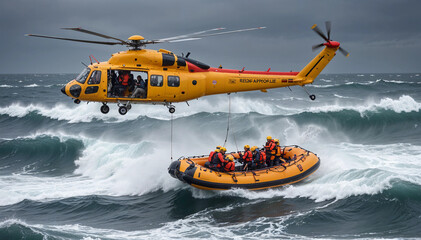 A rescue helicopter hovering above a turbulent ocean, battling heavy rain and powerful gusts as it searches for a stranded vessel.
