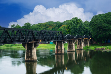 Beautiful landscape of Bridge River Kwai at Kanchanaburi, Thailand in morning time. Is a famous place and a tourist destination