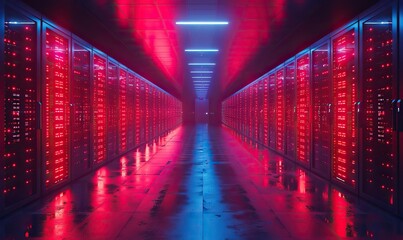 A futuristic digital corridor, illuminated by vibrant red and blue neon lights, creates an atmosphere of advanced technology and cyber aesthetics.