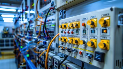 A large industrial room with many electrical panels and switches