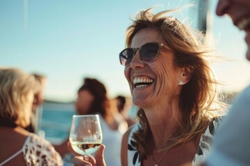 A woman, wearing sunglasses and smiling brightly, enjoys a glass of wine outdoors, capturing the essence of relaxation and contentment under the warm sunlight.