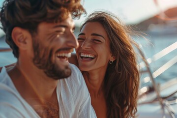 A happy couple enjoys a tender moment filled with laughter and love while sitting close together on a boat at sunset, encapsulating connection and joy.