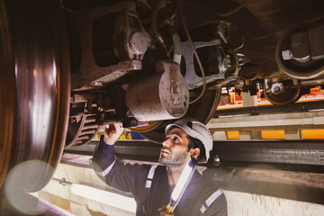  Male train maintenance engineer uses light to look at the undercarriage and check the safety of the electric train brake control system in a station repair garage and report to the repair team.