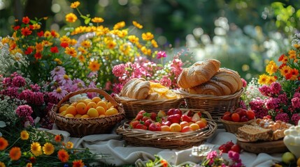 Fototapeta premium The garden picnic setup full with sandwiches, pastries, fruits, and salads
