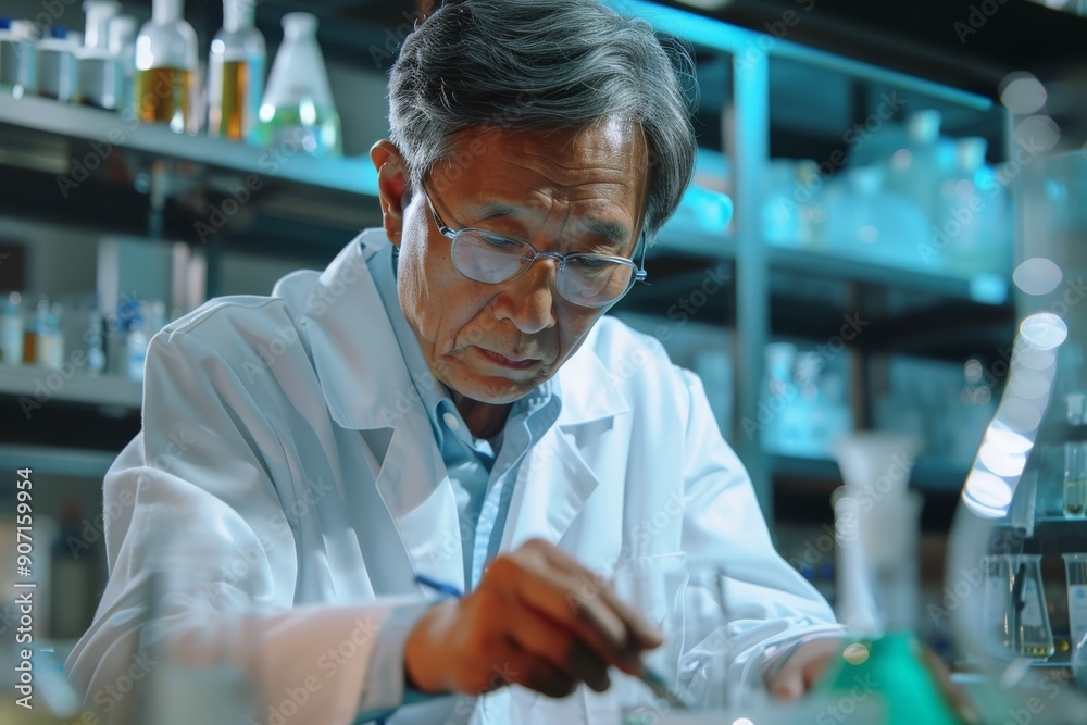 Poster a dedicated scientist in a white lab coat and glasses intently working in a contemporary laboratory 