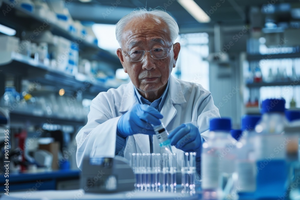 Poster a highly focused scientist in gloves and lab coat is working with test tubes and various equipment i