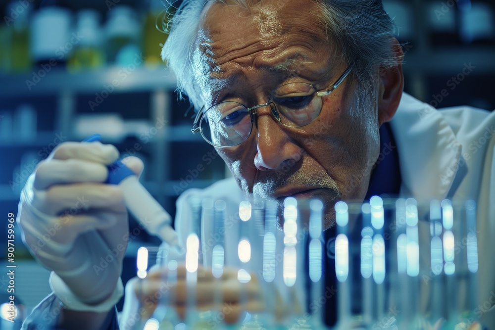 Aufkleber An elderly scientist in a lab coat is using a pipette to transfer liquid into one of the many glass tubes arranged in front of him in a modern laboratory setting.