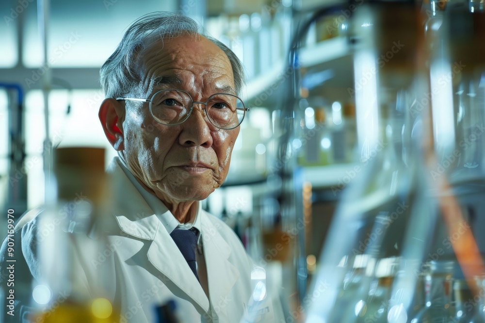 Aufkleber an elderly scientist in a lab coat is seen in a well-equipped laboratory, surrounded by various scie