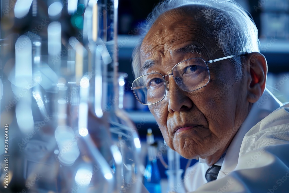 Aufkleber The image shows an elderly scientist in deep concentration, surrounded by a multitude of laboratory glass equipment, carefully conducting experiments and research.