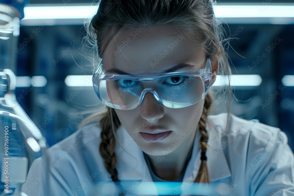 Poster a female scientist in a white lab coat is carefully working in a high-tech laboratory, handling samp