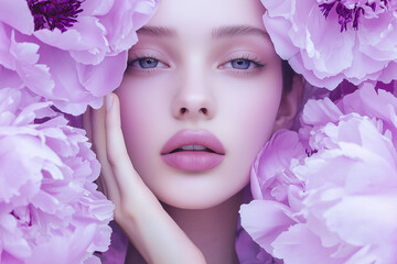 Close up portrait of female model with soft purple flowers, woman touching her face with hand. Minimal concept of makeup, cosmetic industry poster or ad, skin care, elegance, style and beauty.