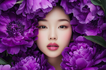 Close up portrait of Asian female model with purple flowers. Minimal concept of cosmetic industry poster or ad, skin care, elegance, style and beauty.