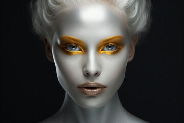 Close up black and white portrait, female model with gold eye shadow, woman's face. Minimal concept of cosmetic industry poster or ad, skin care, elegance, style and beauty. Background with copy space