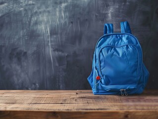 Close up of vibrant blue school backpack on desk with chalkboard backdrop, school supplies concept