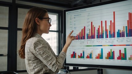 woman. presentation of statistical data on financial reports and economic growth