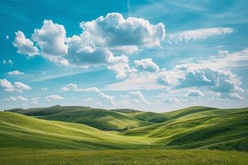 Obraz premium Panoramic landscape view of grassy hills under a serene blue sky with fluffy clouds