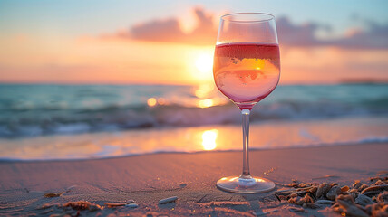 Glass of wine on beach sand at sunset