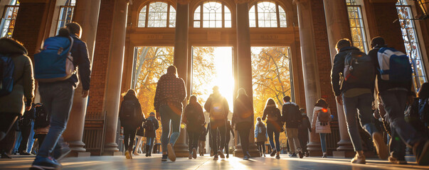 group of students walked through the entrance university college