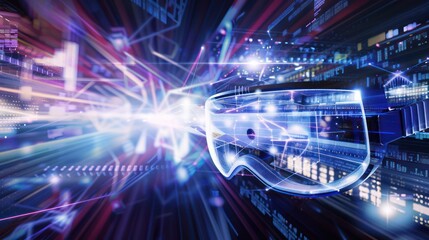 Futuristic virtual reality headset with glowing lights and digital background
