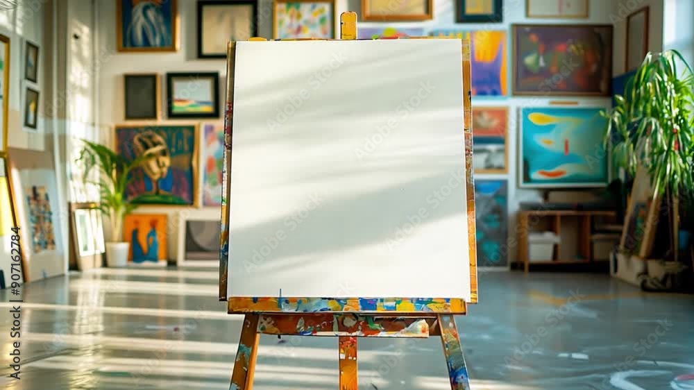Poster a blank canvas sits on an easel in a vibrant art studio surrounded by various colorful artworks and 