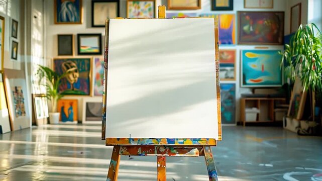 A blank canvas sits on an easel in a vibrant art studio surrounded by various colorful artworks and art supplies.