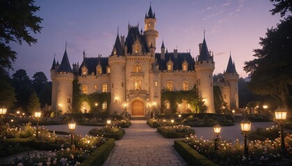 Naklejka premium A grand castle against the twilight sky, with towering spires and intricate details, illuminated by warm, golden lights, creating a magical, fairy-tale atmosphere. 