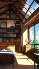 cozy attic with old furniture background vertical backdrop illustration anime cartoon