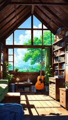 Fototapeta premium cozy attic with old furniture background vertical backdrop illustration anime cartoon