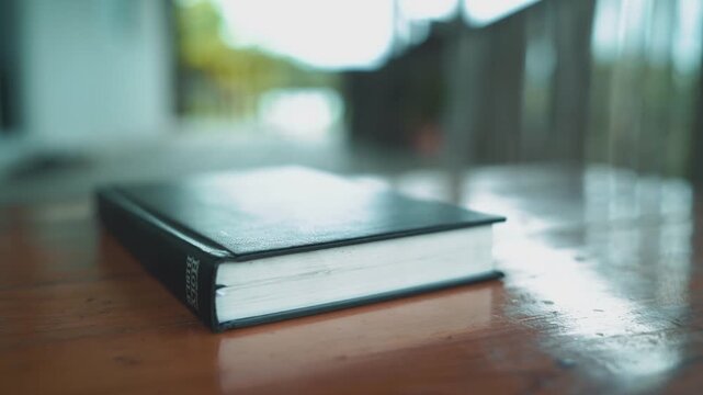 Close up Bible on wooden table in the morning.