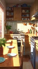 cozy kitchen with baking supplies background vertical backdrop illustration anime cartoon