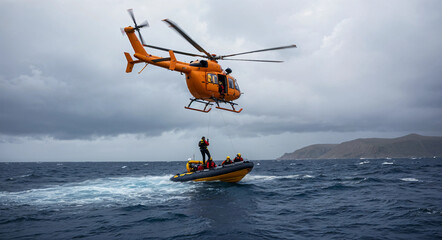 rescue helicopter rescues people from an inflatable boat in stormy and rough ocean
