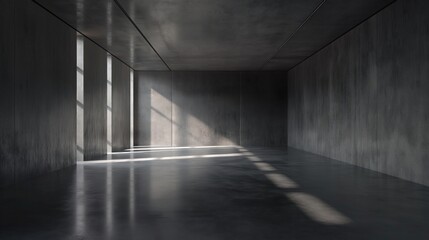 Empty abstract industrial concrete interior with a polished concrete floor, dark and dramatic lighting, minimalist design, 3D illustration