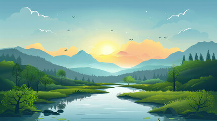Fototapeta premium Sunset over peaceful river surrounded by green hills and distant mountains, creating a tranquil and scenic view.