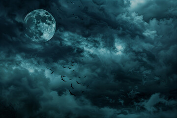 Cursed Full Moon hovering in a spooky night sky creating an eerie Halloween atmosphere of fear and mystery