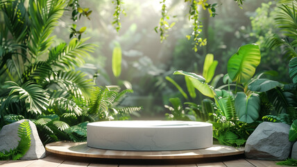 Round stone podium with tropical foliage around. Podium with natural view