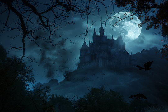 Haunted Castle illuminated by the full moon creating a spooky Halloween atmosphere filled with mystery and vampire terror