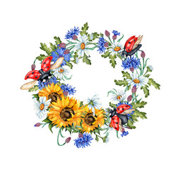 Sunflower, daisies, cornflower, buds wreath watercolor illustration. Harvest Festival. The bouquet is isolated from the background. Compositions posters, cards, banners, flyers, covers