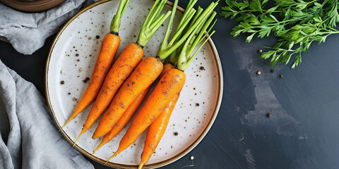 Fresh Organic Carrots with Green Tops on Rustic Plate - Healthy Farm-to-Table Produce