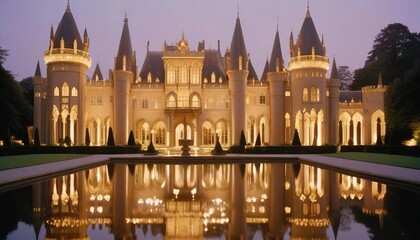 Obraz premium An opulent palace with towering spires and graceful arches, glowing softly in the evening light, surrounded by a tranquil water feature that mirrors its intricate details and grandeur. 